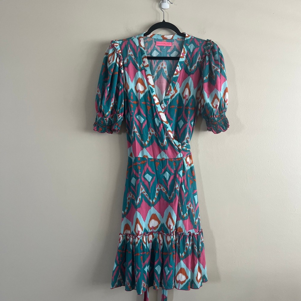 Feather & Find Ikat Wrap Mini Dress Boho Puff Sleeve Teal Pink Size S